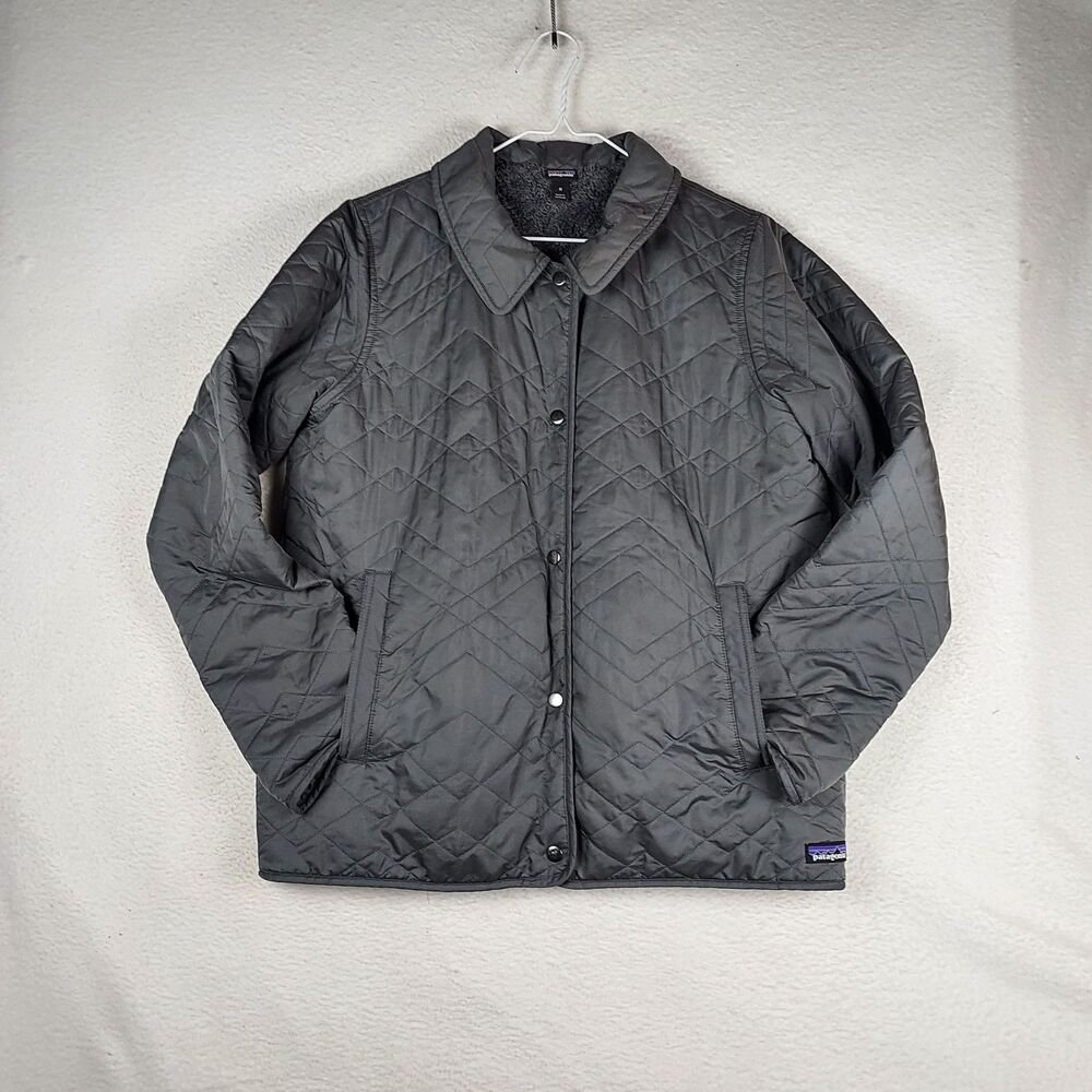 Patagonia Womens Medium Fleece Lined Quilted Jacket Gray Insulated Snap Front
